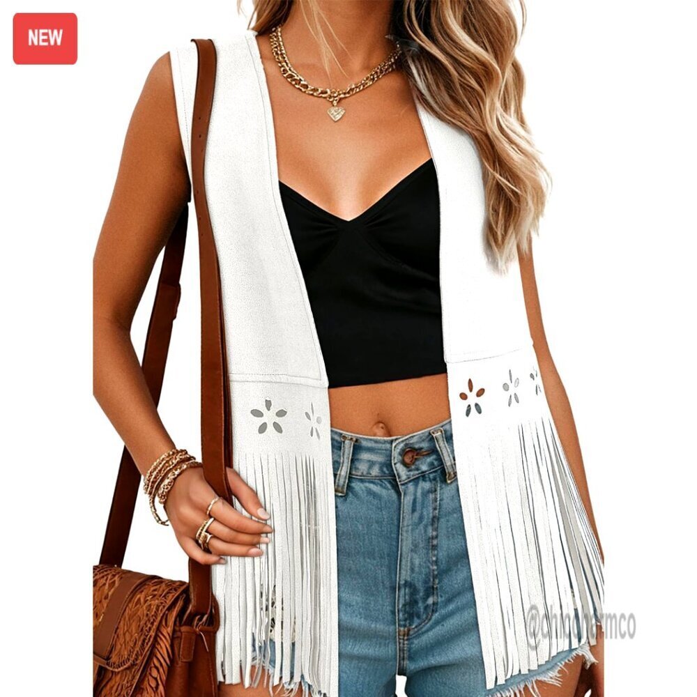 Faux Suede Fringe Vest Sleeveless Hollow Out Tassel Western Outerwear